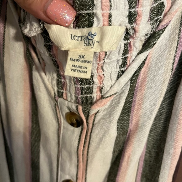 Women’s Flare Sun Dress pink white and grey striped. Bottom down front, pockets - Picture 3 of 5